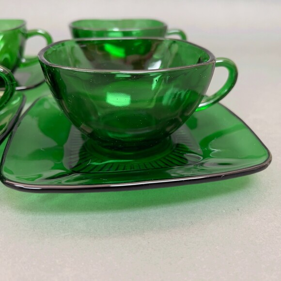 Fire King Anchor Hocking Square Cup & Saucers Charm Forest Green Glass Lot of 8 - Picture 5 of 9